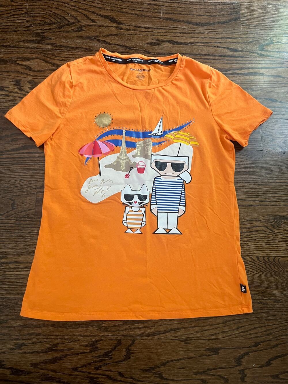 Karl Lagerfeld Paris Orange graphic T-Shirt Sz S Choupette cat beach NWOT